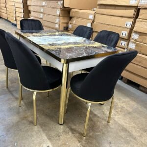 black sand table +6 chairs gold leg