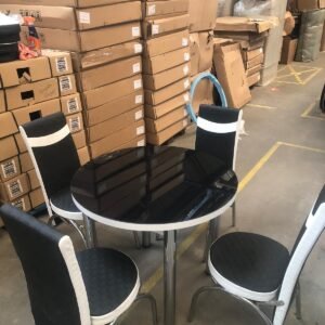 round black&white table +4 cream chairs. silver leg