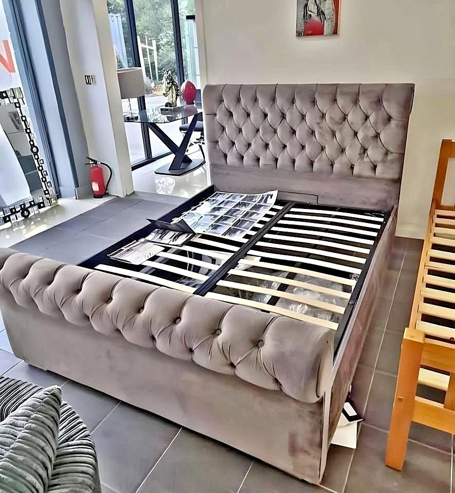 double sleigh bed frame – elegant curved upholstered bed (uk double size)