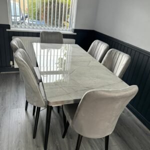 brand new modern grey marble effect dining set with high gloss top & velvet chairs