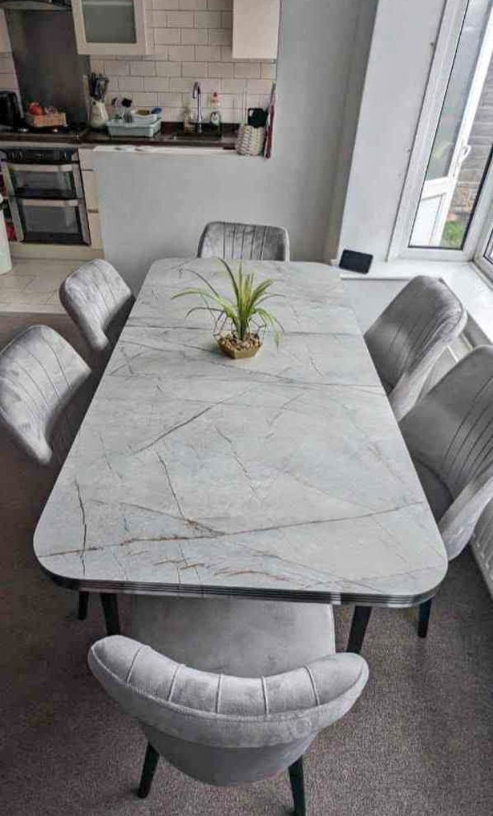 brand new modern grey marble effect dining set with high gloss top & velvet chairs