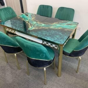 luxury marble effect glass dining table with 6 green velvet chairs