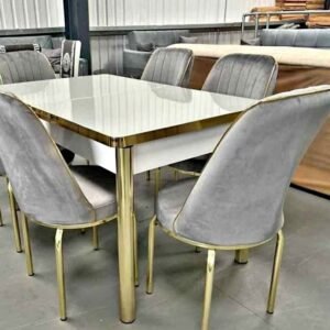 modern 6 seater glass dining set – premium gold & grey design