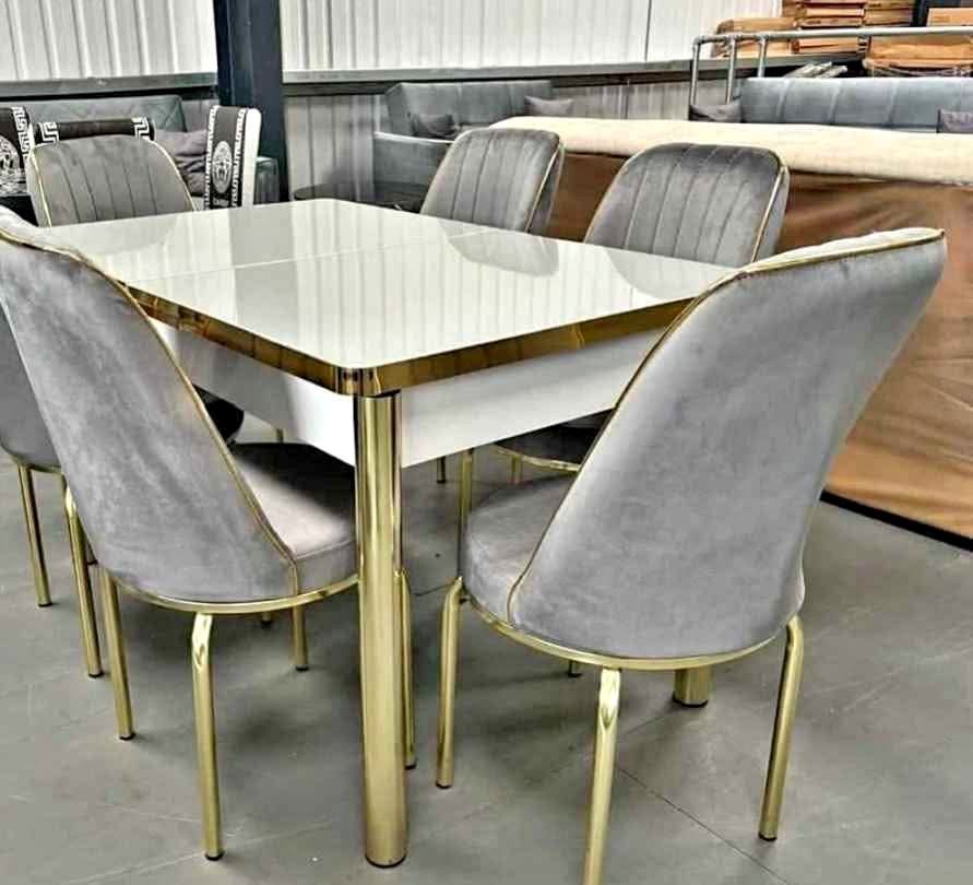 modern 6 seater glass dining set – premium gold & grey design