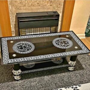 new luxury versace style glass coffee table with greek key border & silver accents