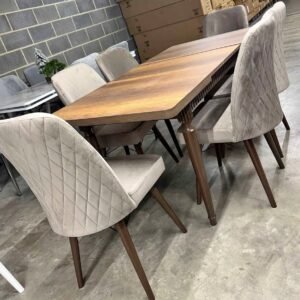 luxury solid wood dining table with 6 upholstered chairs