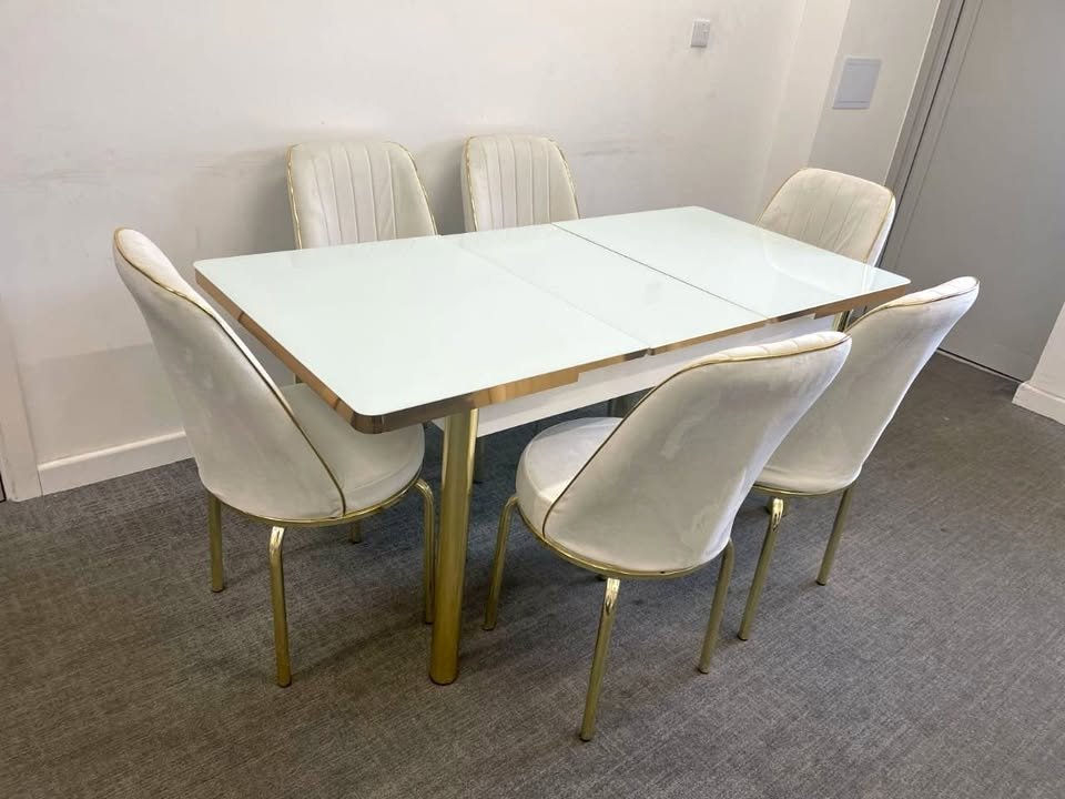 modern 6 seater glass dining set – premium gold & grey design