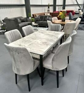 brand new modern grey marble effect dining set with high gloss top & velvet chairs