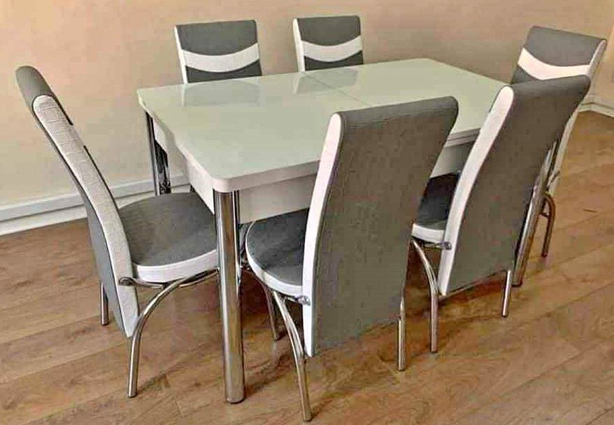 modern high gloss grey dining set with chrome legs & high back padded chairs