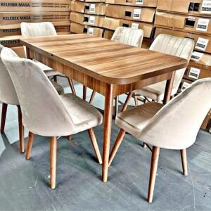 solid wood dining table with 6 beige velvet chairs – brand new