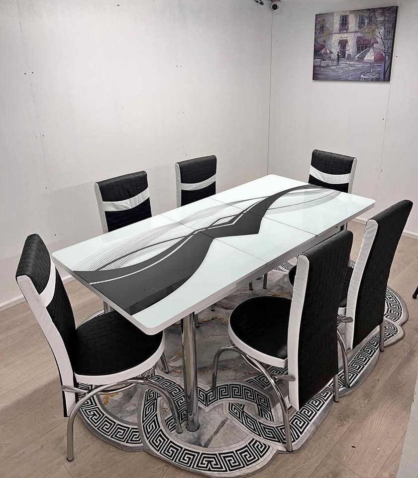 modern high gloss grey dining set with chrome legs & high back padded chairs