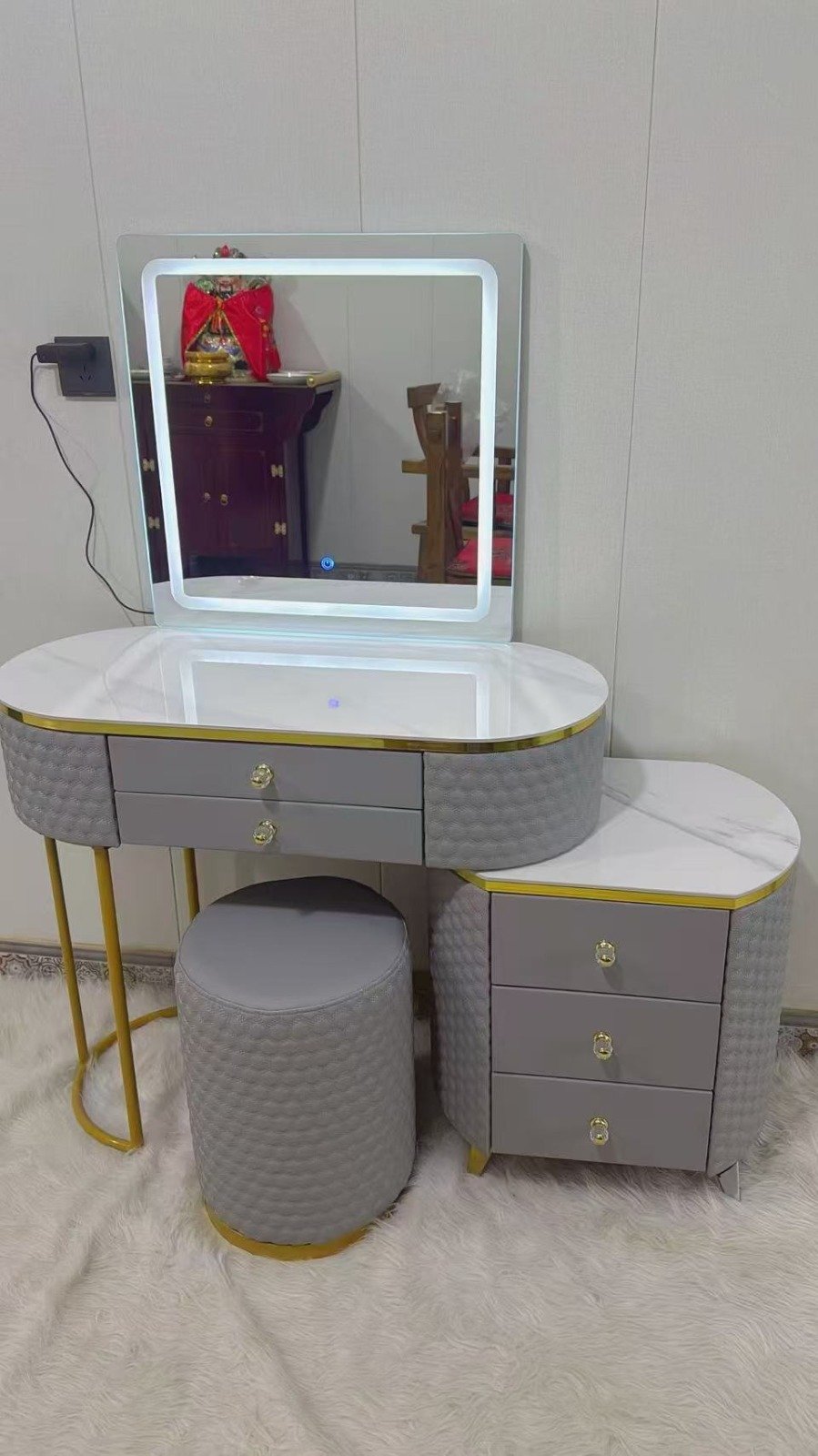 luxury hollywood dressing table – high gloss vanity with led mirror & stool (multi colours)