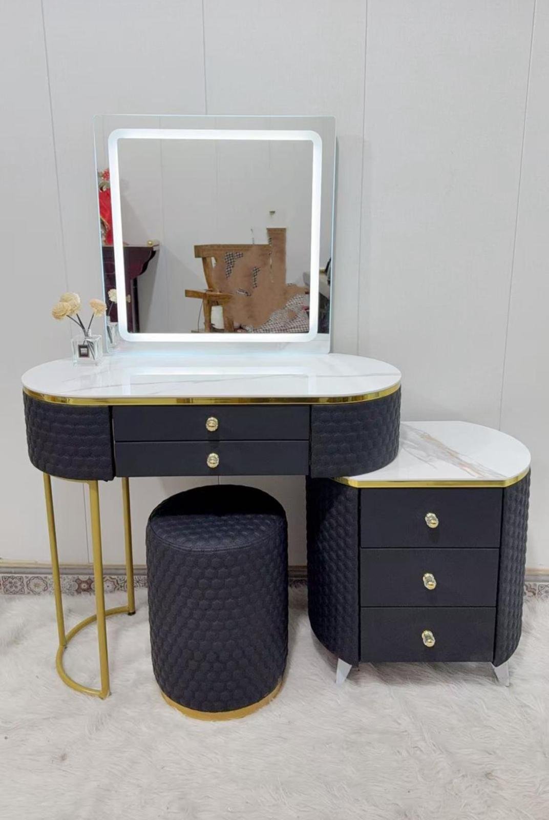 modern vanity dressing table with hollywood mirror – high gloss finish & stool